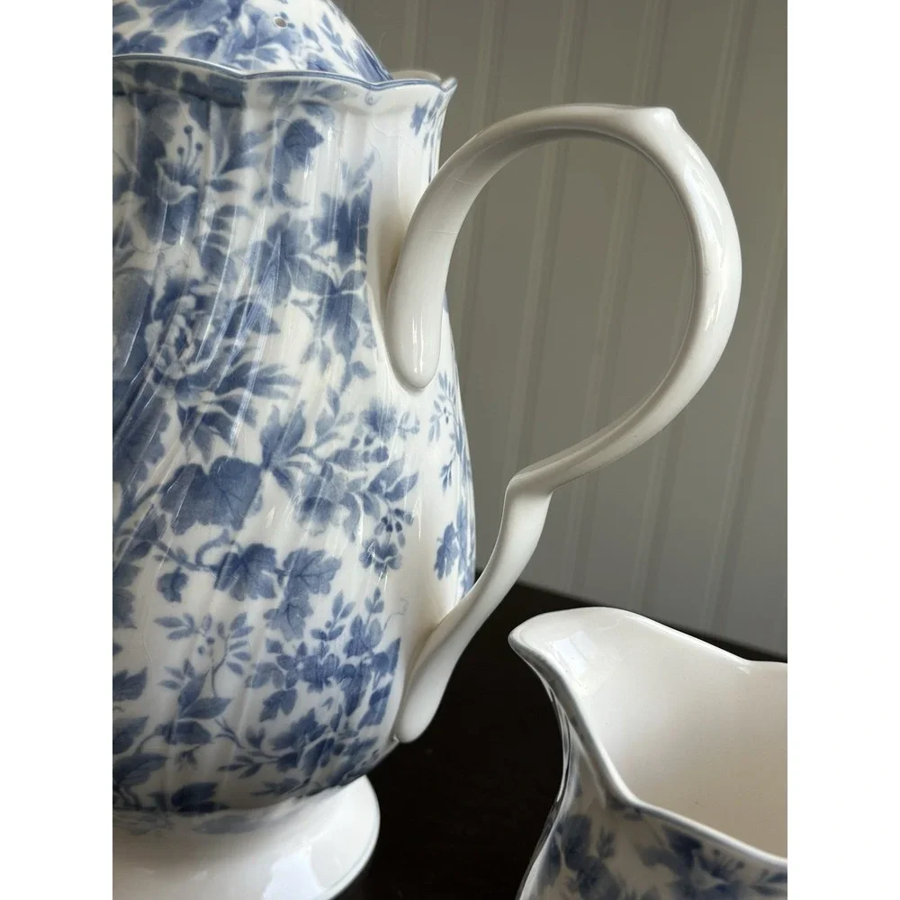 Nikko Tea Roses Coffee Pot & Creamer Blue Floral Japan Porcelain Set